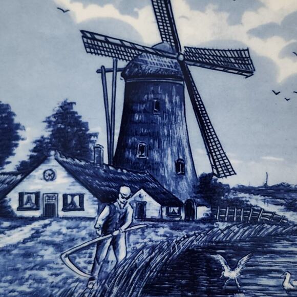 Royal Mosa Holland Delft Blue Tile Trivet Wall Hanging Windmill Farmer Birds - Picture 2 of 7
